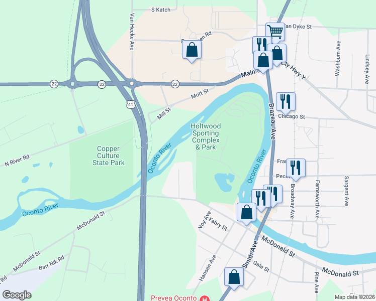 map of restaurants, bars, coffee shops, grocery stores, and more near 116 Holtwood Way in Oconto