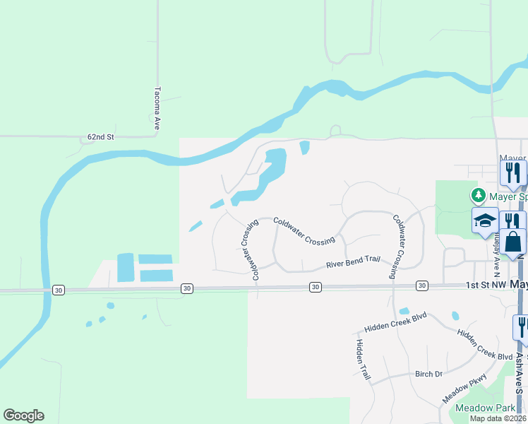 map of restaurants, bars, coffee shops, grocery stores, and more near 2540 River Bend Trail in Mayer