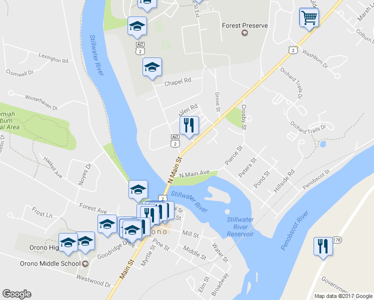 map of restaurants, bars, coffee shops, grocery stores, and more near 9 Park St in Orono