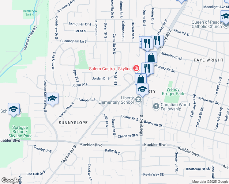 map of restaurants, bars, coffee shops, grocery stores, and more near 4788 Skyline Road South in Salem