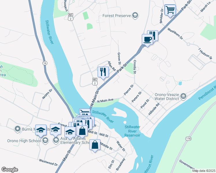 map of restaurants, bars, coffee shops, grocery stores, and more near 7 Park Street in Orono