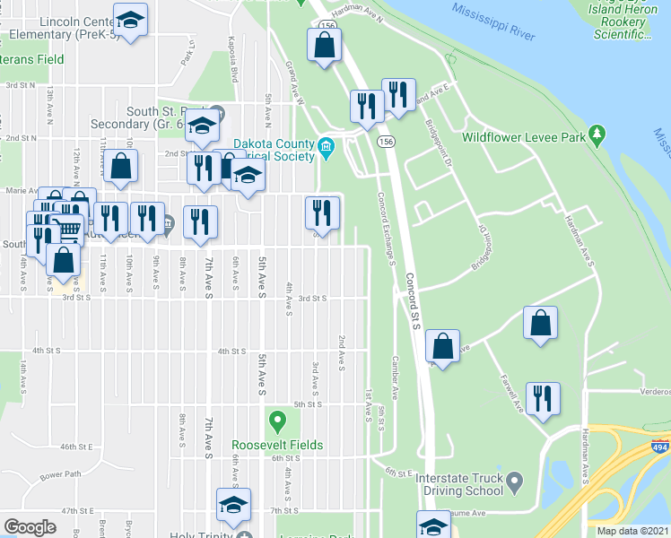 map of restaurants, bars, coffee shops, grocery stores, and more near 247 2nd Avenue South in South Saint Paul