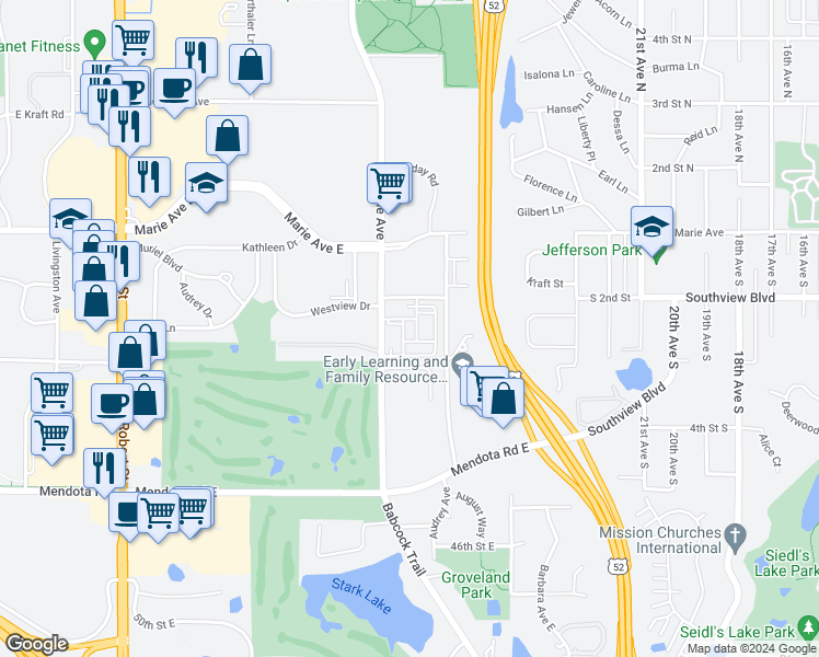 map of restaurants, bars, coffee shops, grocery stores, and more near 1940 Oakdale Avenue in West Saint Paul