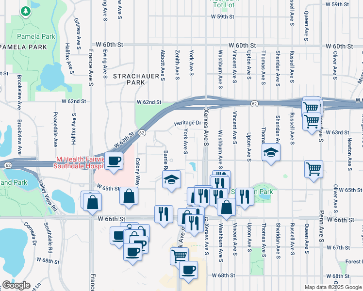 map of restaurants, bars, coffee shops, grocery stores, and more near 6400 York Avenue South in Minneapolis