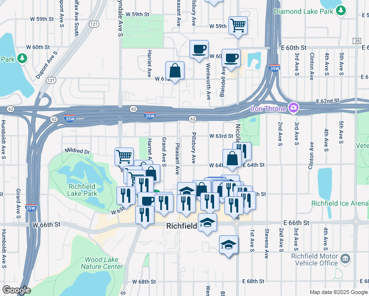 map of restaurants, bars, coffee shops, grocery stores, and more near 6321 Pleasant Avenue in Richfield