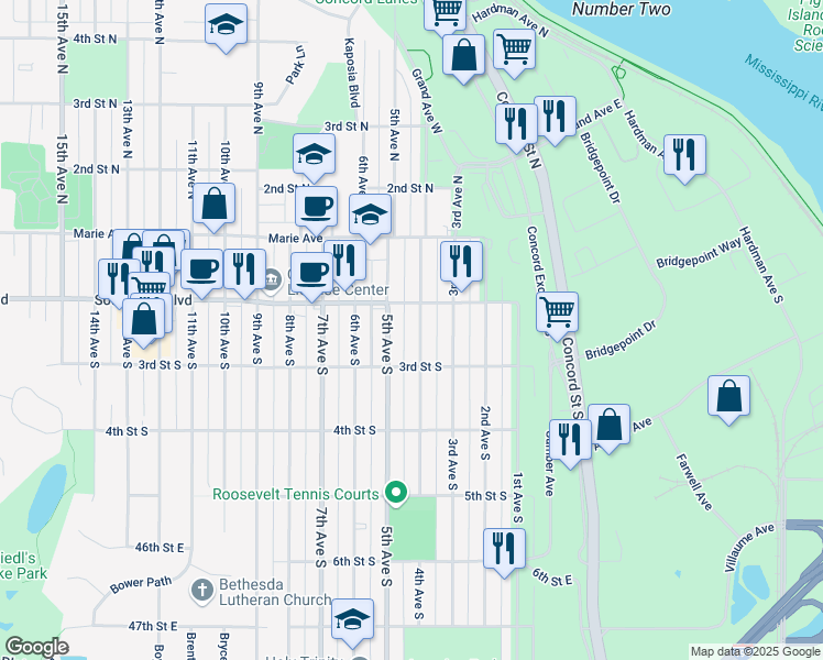 map of restaurants, bars, coffee shops, grocery stores, and more near 248 4th Avenue South in South Saint Paul