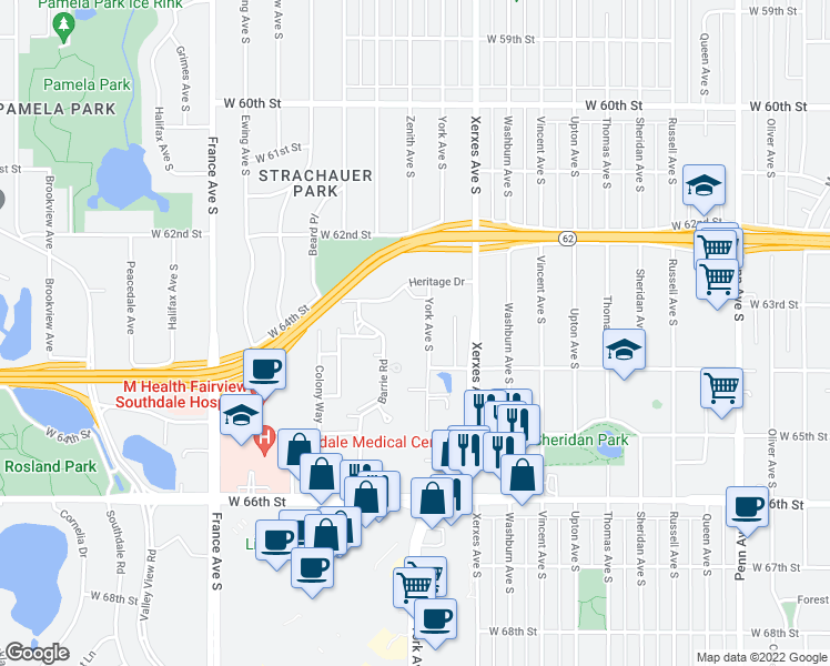 map of restaurants, bars, coffee shops, grocery stores, and more near 6304 York Ave S in Edina