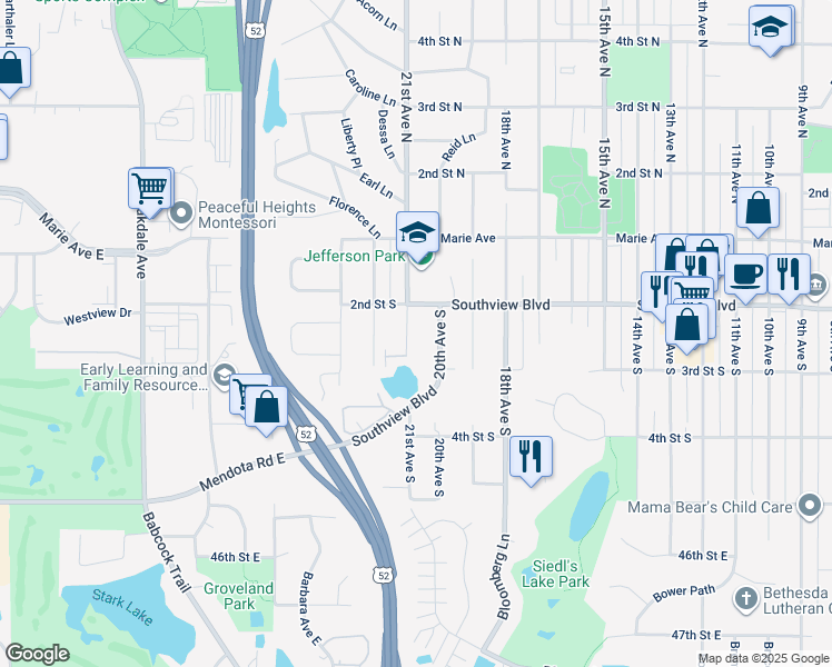 map of restaurants, bars, coffee shops, grocery stores, and more near 245 21st Avenue South in South Saint Paul