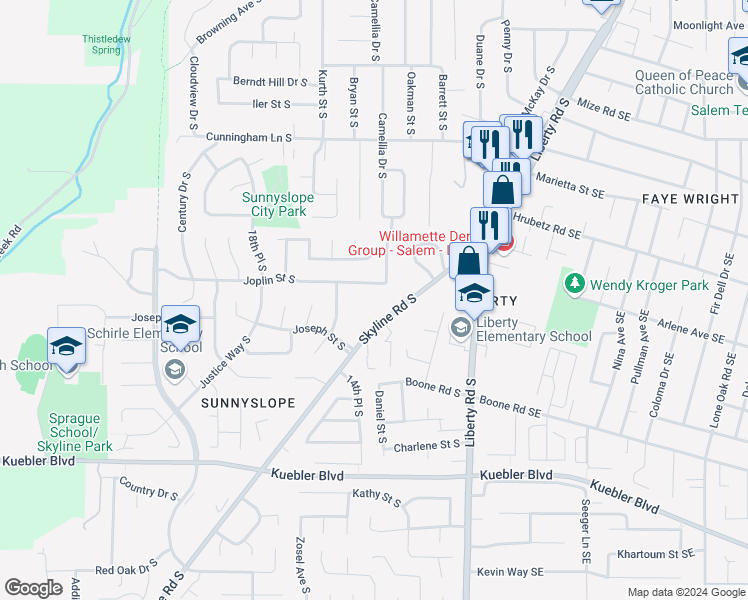 map of restaurants, bars, coffee shops, grocery stores, and more near 4795 Skyline Road South in Salem
