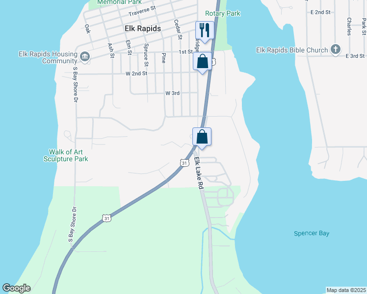 map of restaurants, bars, coffee shops, grocery stores, and more near 910 U.S. 31 in Elk Rapids