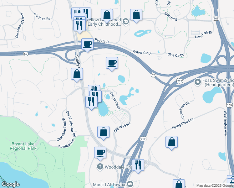map of restaurants, bars, coffee shops, grocery stores, and more near 6426 City West Parkway in Eden Prairie