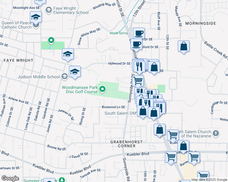 map of restaurants, bars, coffee shops, grocery stores, and more near 4629 Sunnyside Road Southeast in Salem