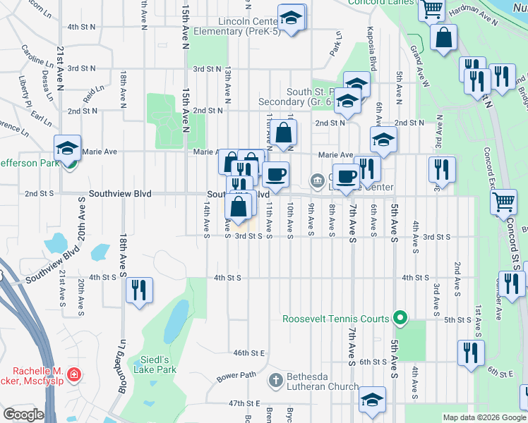 map of restaurants, bars, coffee shops, grocery stores, and more near 248 11th Avenue South in South Saint Paul