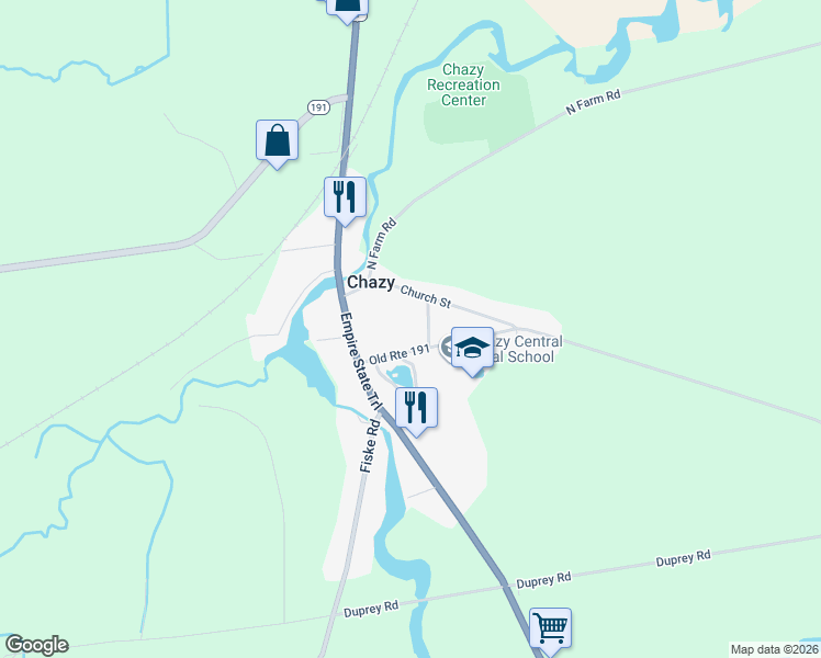 map of restaurants, bars, coffee shops, grocery stores, and more near 9 Hall Street in Chazy