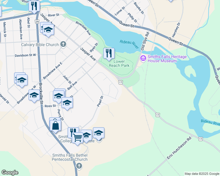 map of restaurants, bars, coffee shops, grocery stores, and more near in Smiths Falls