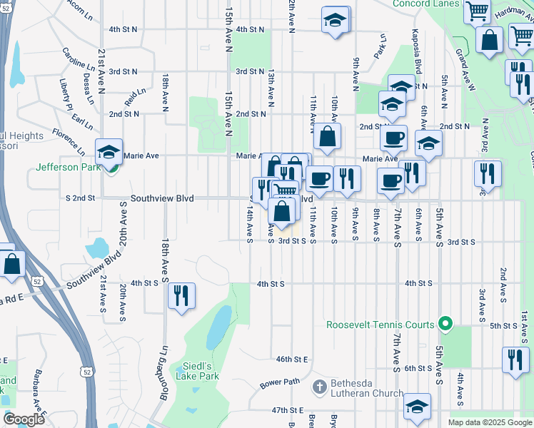 map of restaurants, bars, coffee shops, grocery stores, and more near 157 14th Avenue South in South Saint Paul