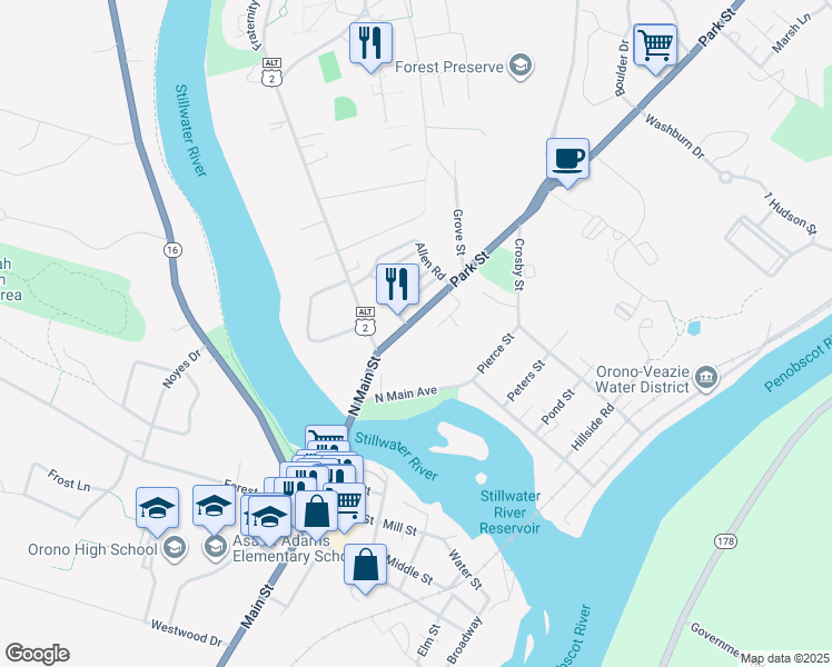 map of restaurants, bars, coffee shops, grocery stores, and more near 26 Park Street in Orono