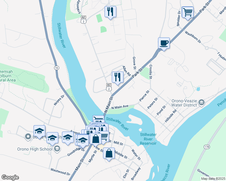 map of restaurants, bars, coffee shops, grocery stores, and more near 55 College Avenue in Orono