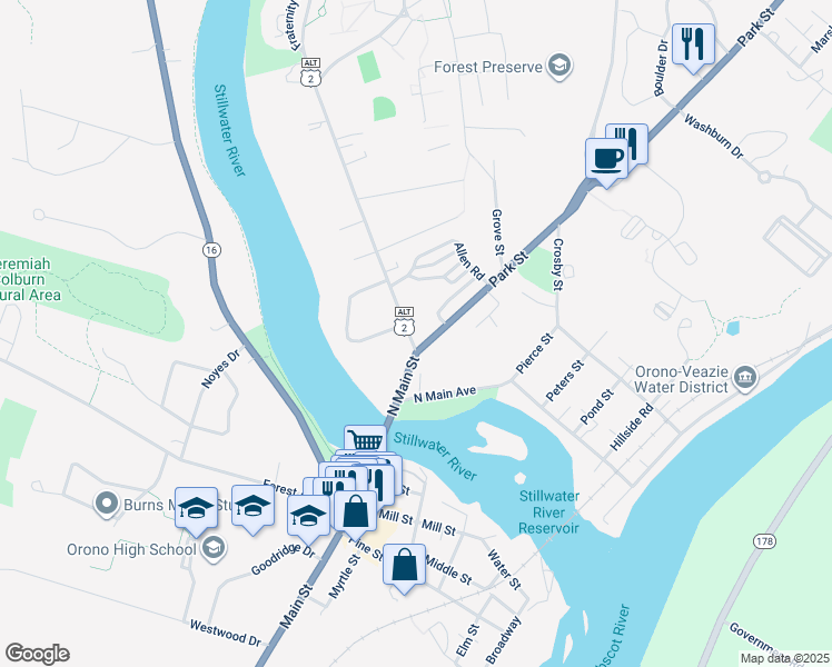 map of restaurants, bars, coffee shops, grocery stores, and more near 55 College Avenue in Orono