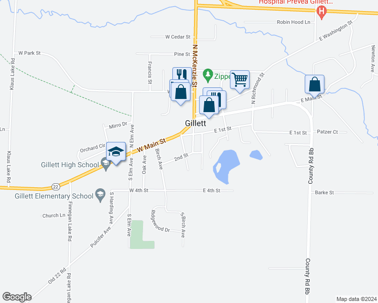 map of restaurants, bars, coffee shops, grocery stores, and more near 104 West 1st Street in Gillett