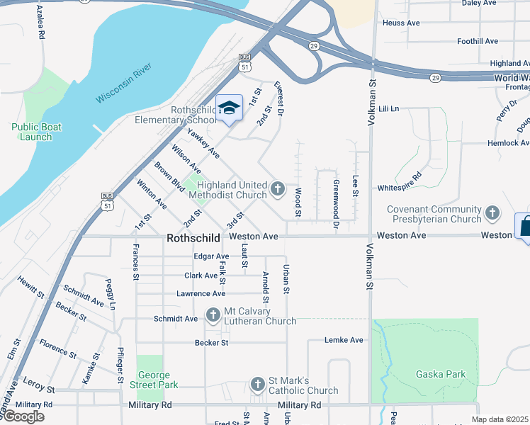 map of restaurants, bars, coffee shops, grocery stores, and more near 216 Yawkey Avenue in Rothschild