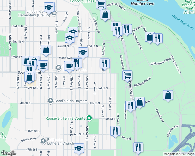 map of restaurants, bars, coffee shops, grocery stores, and more near in Saint Paul