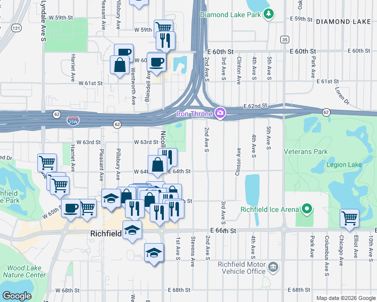 map of restaurants, bars, coffee shops, grocery stores, and more near 6244 Stevens Avenue in Minneapolis