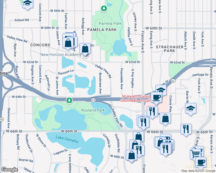 map of restaurants, bars, coffee shops, grocery stores, and more near 4229 Valley View Road in Minneapolis