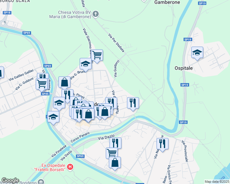 map of restaurants, bars, coffee shops, grocery stores, and more near 19 Via XXV Aprile in Bondeno