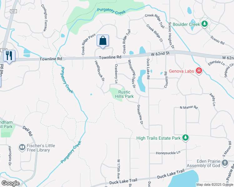 map of restaurants, bars, coffee shops, grocery stores, and more near 17465 Rustic Hills Drive in Eden Prairie