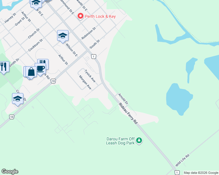 map of restaurants, bars, coffee shops, grocery stores, and more near 189 Arnold Drive in Perth