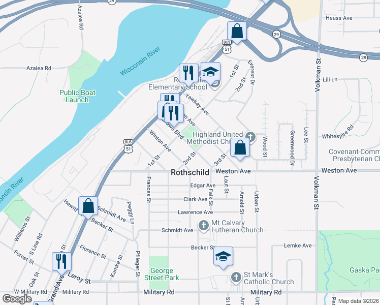 map of restaurants, bars, coffee shops, grocery stores, and more near 117 Brown Boulevard in Rothschild