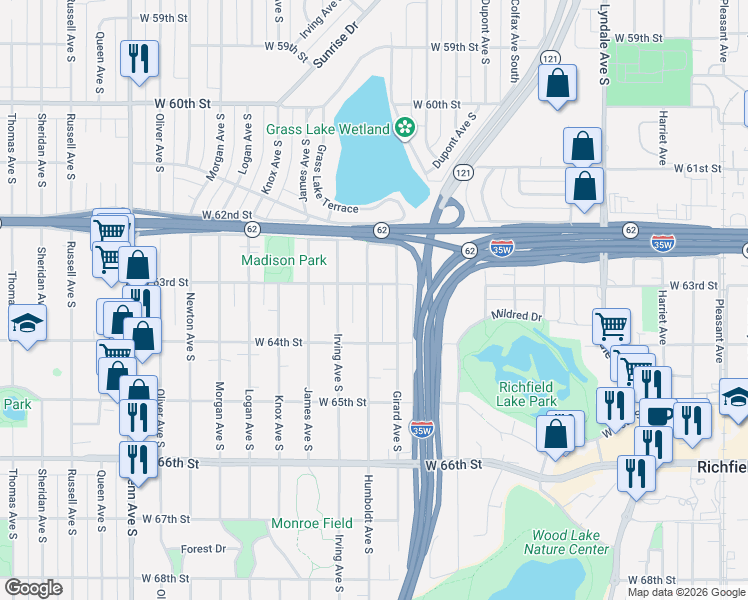 map of restaurants, bars, coffee shops, grocery stores, and more near 6244 Humboldt Avenue South in Minneapolis