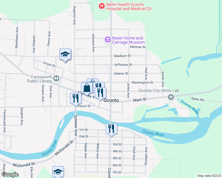 map of restaurants, bars, coffee shops, grocery stores, and more near 408 Park Avenue in Oconto