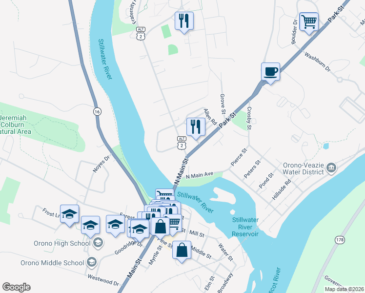 map of restaurants, bars, coffee shops, grocery stores, and more near 55 College Avenue in Orono