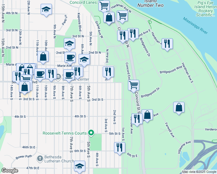 map of restaurants, bars, coffee shops, grocery stores, and more near in Saint Paul