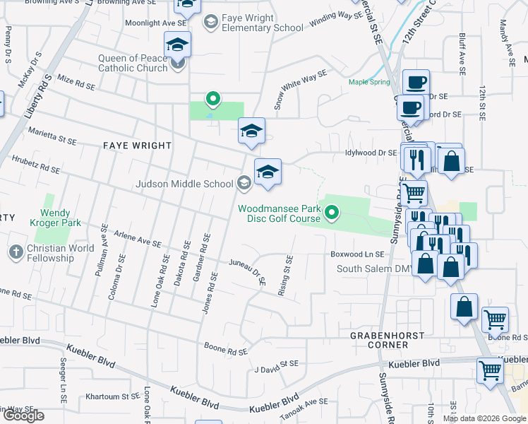 map of restaurants, bars, coffee shops, grocery stores, and more near 4512 Jones Road Southeast in Salem