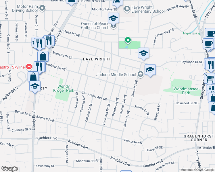 map of restaurants, bars, coffee shops, grocery stores, and more near 4724 Fir Dell Drive Southeast in Salem
