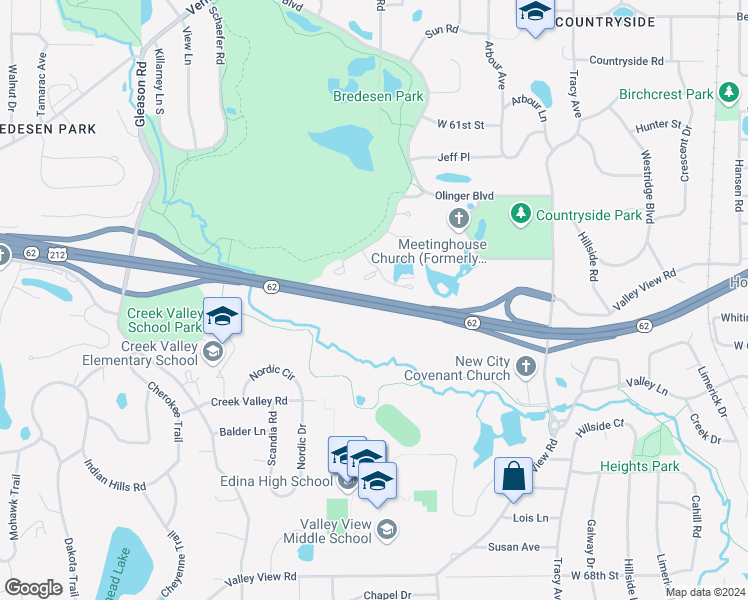 map of restaurants, bars, coffee shops, grocery stores, and more near Crosstown Highway in Edina