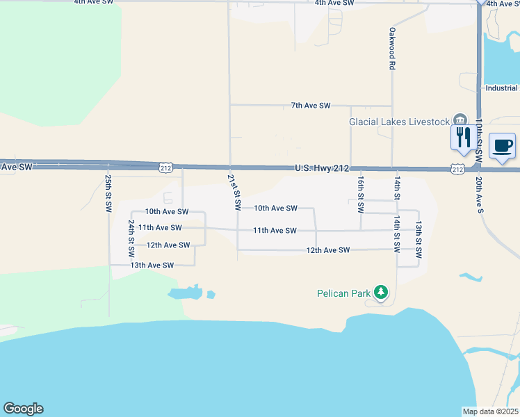 map of restaurants, bars, coffee shops, grocery stores, and more near 2026 10th Avenue Southwest in Watertown