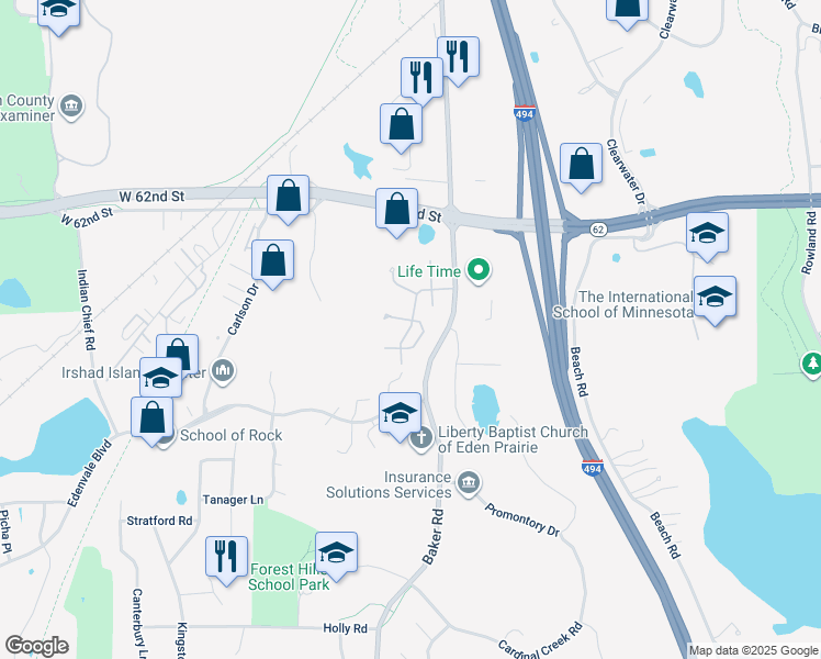 map of restaurants, bars, coffee shops, grocery stores, and more near 6527 Saint Johns Woods in Eden Prairie