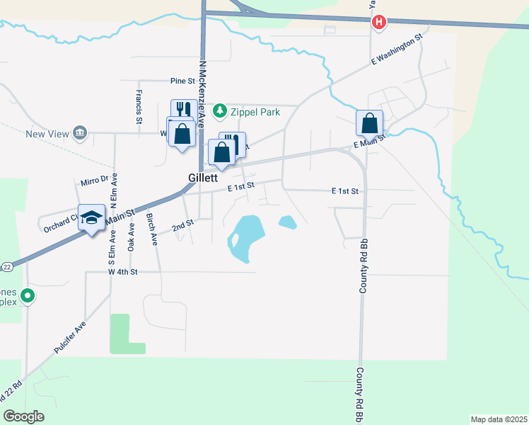 map of restaurants, bars, coffee shops, grocery stores, and more near 108 South Franklin Street in Gillett