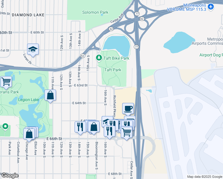 map of restaurants, bars, coffee shops, grocery stores, and more near 6501 17th Avenue South in Richfield