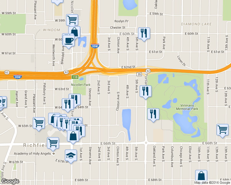 map of restaurants, bars, coffee shops, grocery stores, and more near 6245 Clinton Avenue in Richfield