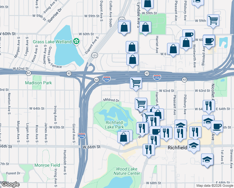map of restaurants, bars, coffee shops, grocery stores, and more near 6245 Bryant Avenue South in Minneapolis