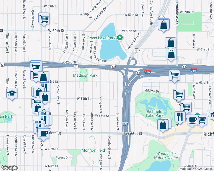 map of restaurants, bars, coffee shops, grocery stores, and more near 6244 Humboldt Avenue South in Minneapolis