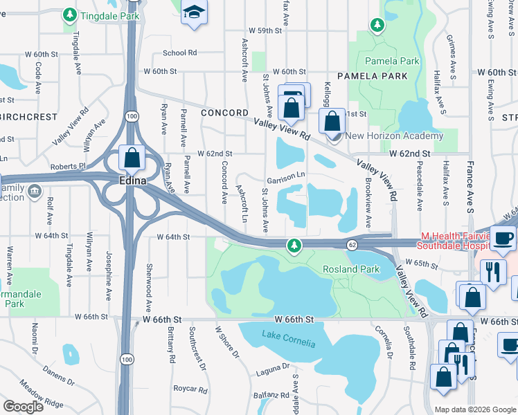 map of restaurants, bars, coffee shops, grocery stores, and more near 6308 Saint Johns Avenue in Edina