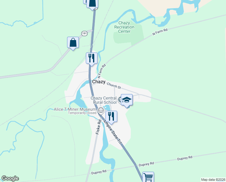 map of restaurants, bars, coffee shops, grocery stores, and more near 11 Hall Street in Chazy