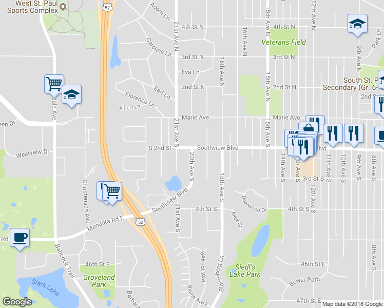 map of restaurants, bars, coffee shops, grocery stores, and more near 144 20th Avenue South in South Saint Paul