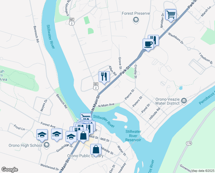 map of restaurants, bars, coffee shops, grocery stores, and more near 26 Park Street in Orono